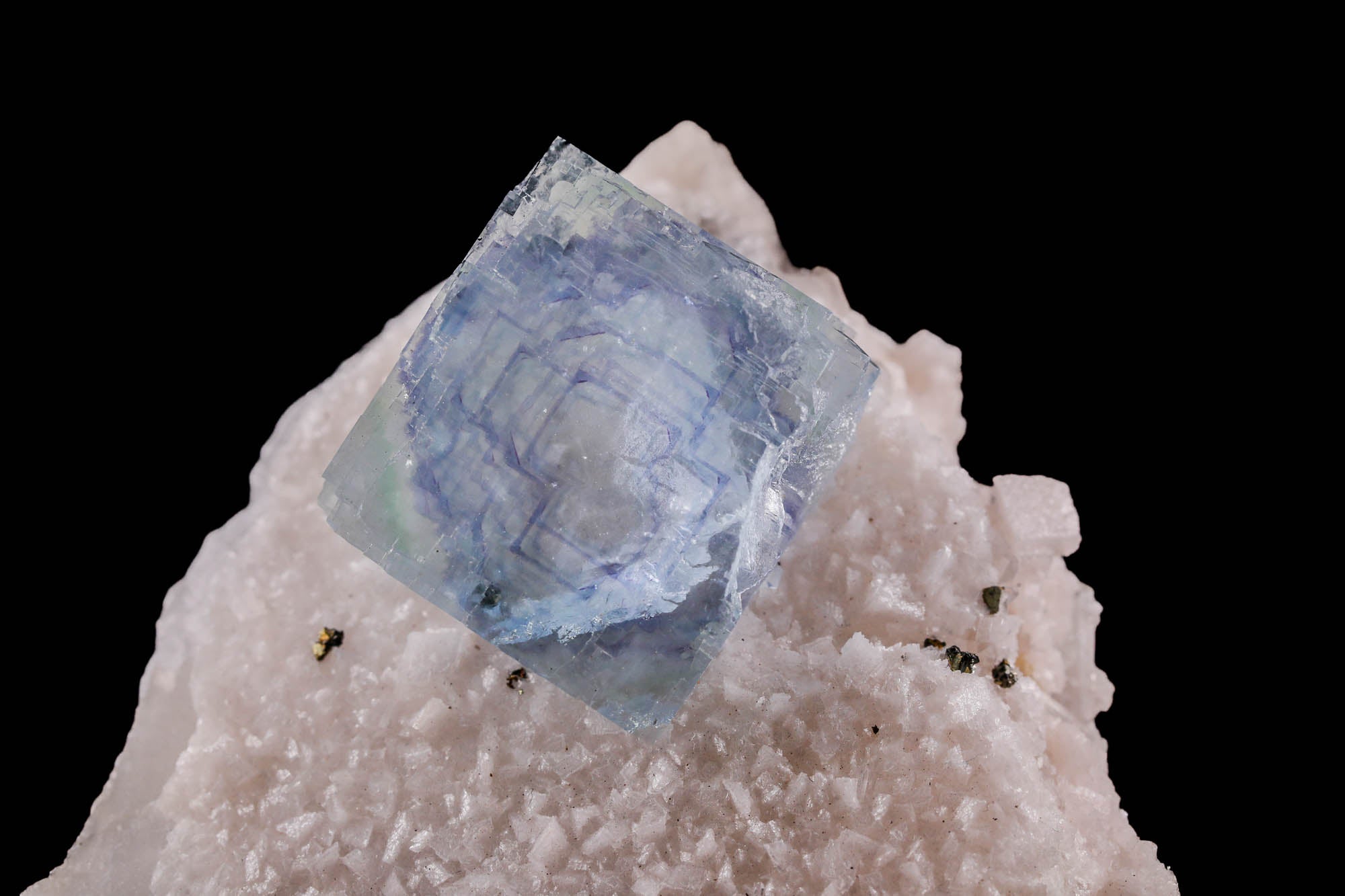 Blue Fluorite, Dolomite, Quartz, and Chalcopyrite